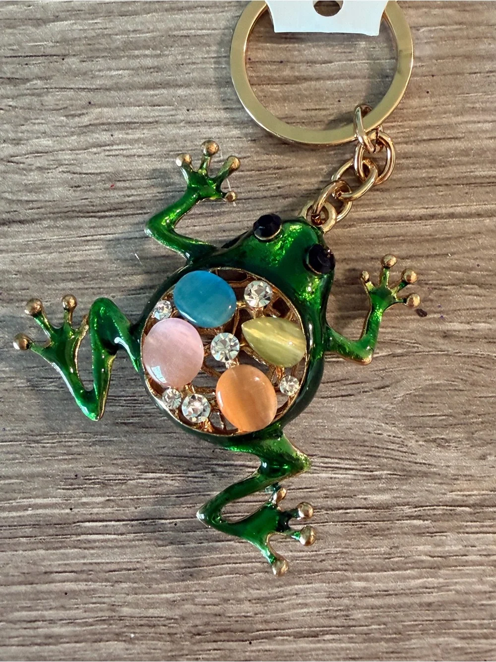 Fashion Jewelry Green Enamel Frog Keychain with Pastel Gem Accents